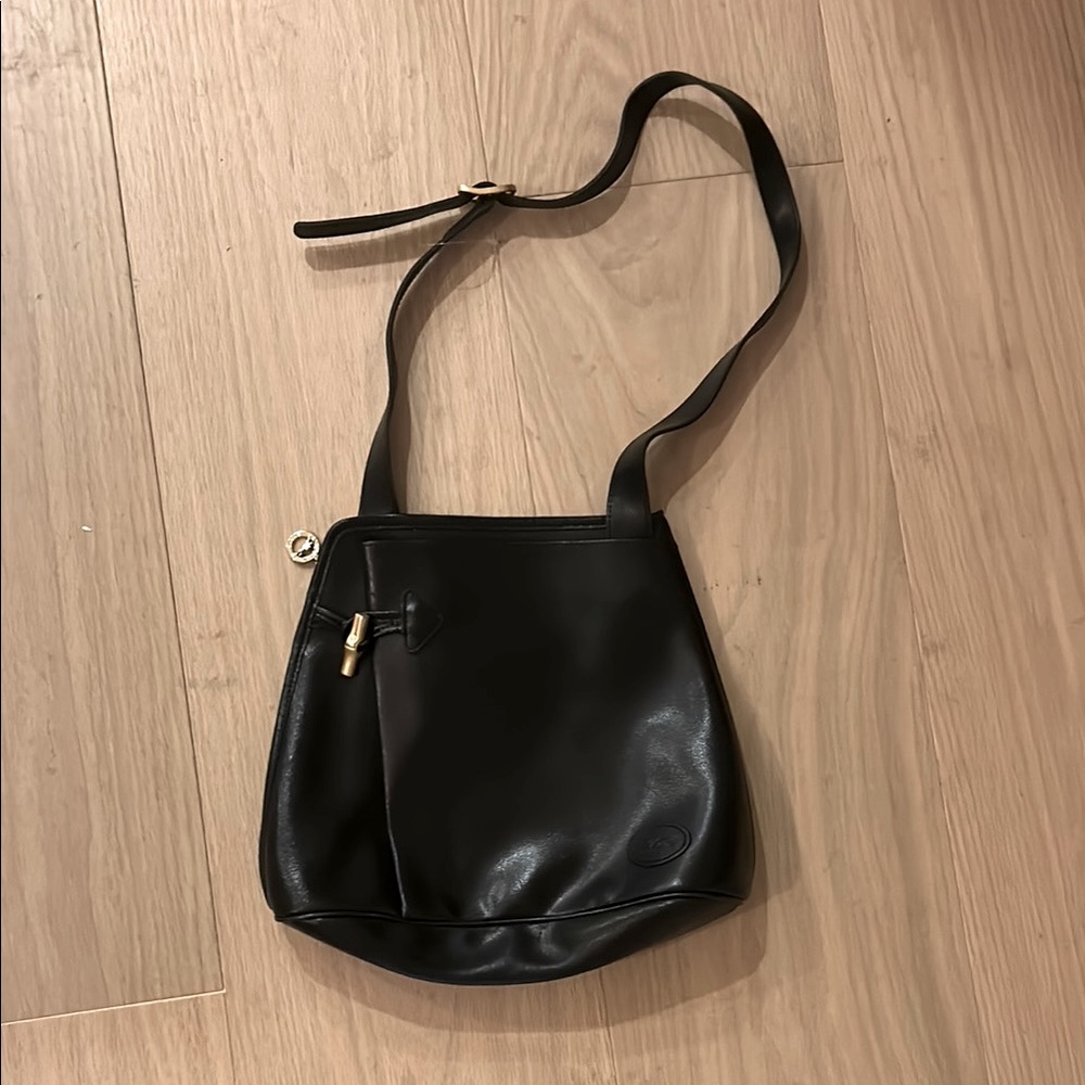 Longchamp Vintage Black Leather Zip side Bucket Shoulder Bag